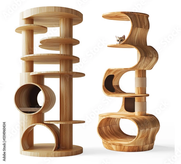 Fototapeta Mulch-Level Wooden Cat Tree with Circular Platforms on a Transparent Background
