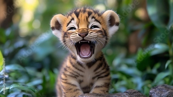 Fototapeta Cute tiger cub roaring in a jungle