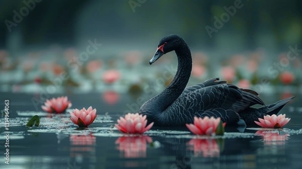 Obraz Elegant black swan gracefully gliding on a serene pond, surrounded by delicate pink water lilies.