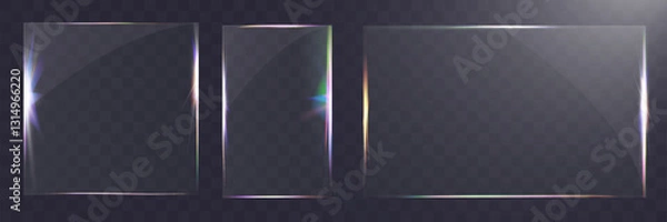 Fototapeta Transparent glass set with smooth edges, reflections, glare, and prismatic light effects. Various geometric shapes for UI, web, and graphic design.
