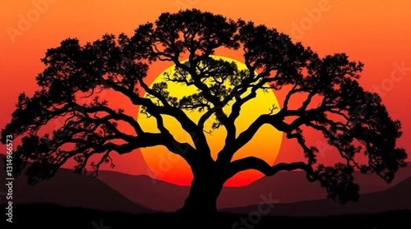 Obraz Majestic Tree Silhouette Against Sunset Gradient Sky in Vector Art Style