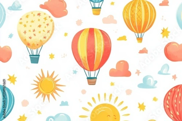Fototapeta Hot air balloons float under bright sunshine in a whimsical summer pattern