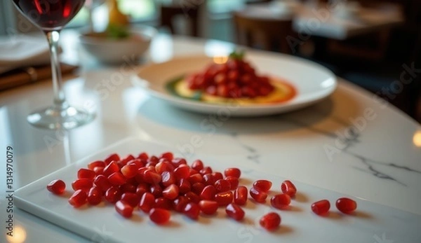 Fototapeta A sophisticated, high-angle close-up shot captures an intimate dining experience. Pomegranate seeds, vibrant and ruby-red