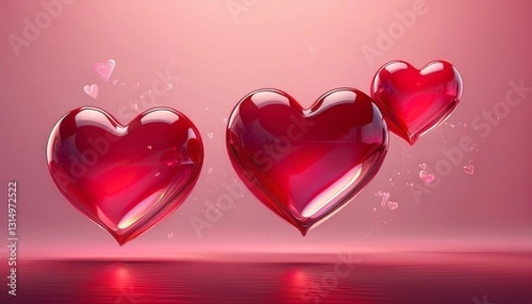 Obraz three red glass hearts floating on a pink background