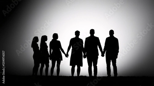 Obraz Silhouette of Group Holding Hands in Circle with Soft Light and Grain Texture - Black and White Photography