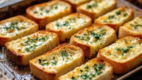 Fototapeta Delicious golden garlic bread slices with melted cheese and fresh parsley on baking sheet close up view appetizing food photography