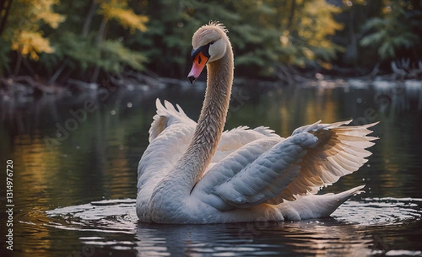 Obraz Swan is swimming in a lake. The swan is white and has orange beak