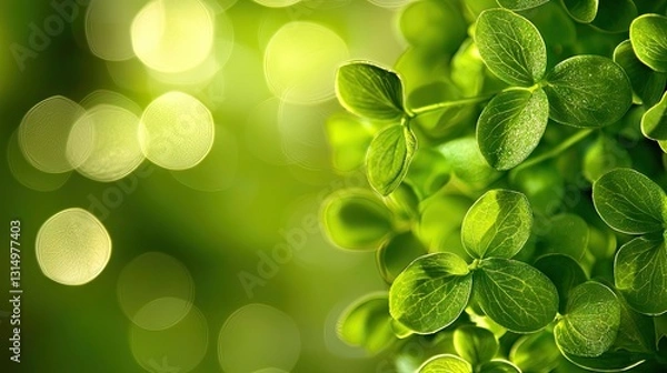 Fototapeta Lush green leaves, sunlight bokeh background, nature spring, website banner