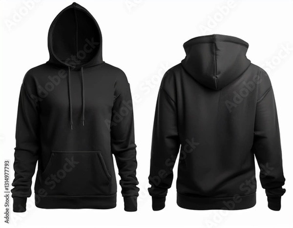 Fototapeta blank black hoodie mockup showing both front and back views 3d rendering of an empty crewneck hooded sweatshirt isolated clear template for a loose overall fabric jumper