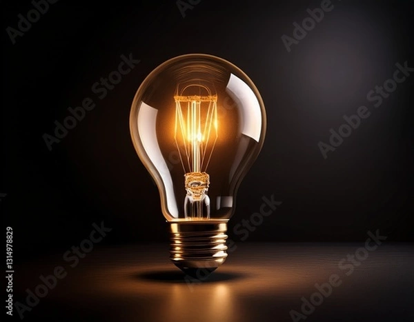 Obraz a single glowing light bulb against a dark black background illuminating the surrounding space with warm and cozy ambiance dramatic