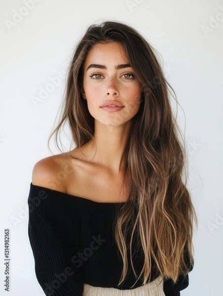 Obraz Portrait of a young woman with wavy hair wearing a black off-the-shoulder top against a neutral background