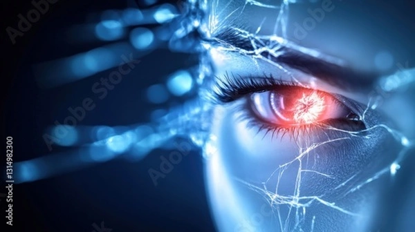 Fototapeta Futuristic cybernetic eye virtual realm digital art sci-fi environment close-up view artificial intelligence concept