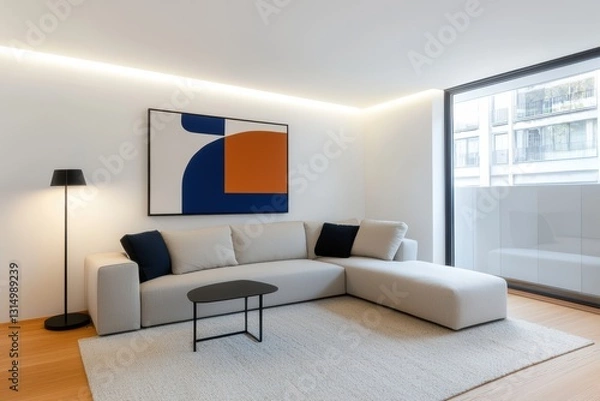 Fototapeta A modern living room featuring a light sofa, stylish lamp, and artistic wall decor, with large windows allowing natural light.
