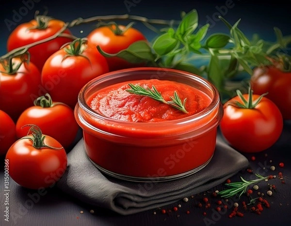 Fototapeta tomato aseptic paste in bowl with fresh tomatoes and herbs generative ai