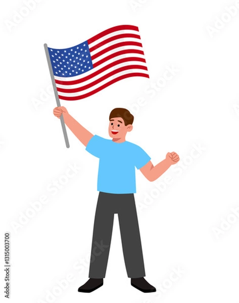 Obraz Man standing with american flag. Male person in cartoon style. Vector 4 july US Independence Day