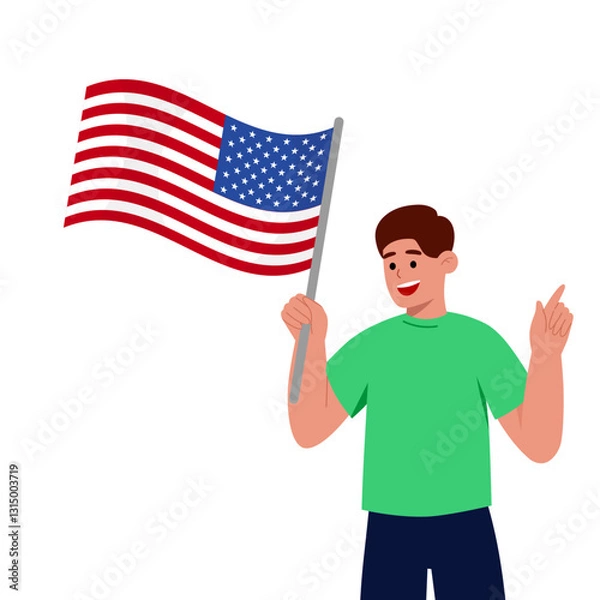 Obraz Man standing with american flag. Male person in cartoon style. Vector 4 july US Independence Day