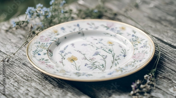 Fototapeta Floral patterned plate on rustic wooden table with wildflowers.  Perfect for blog, menu, or restaurant website