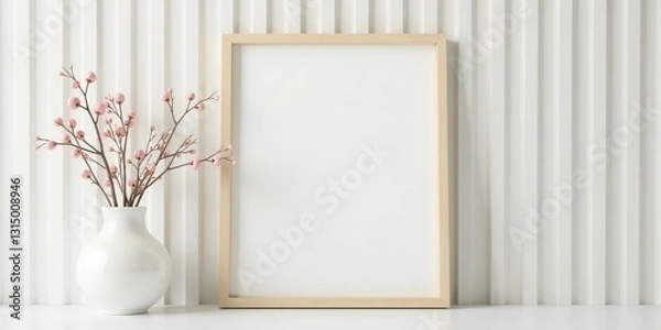 Fototapeta A minimalist home decor scene featuring a light wood frame, a white vase with pink blossoms, and a textured white backdrop.