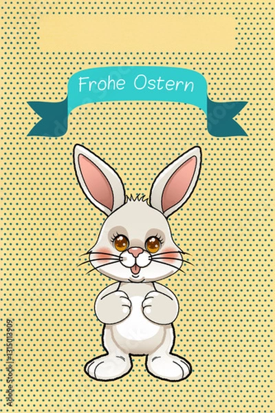 Fototapeta Vector graphic of a cute bright bunny with shiny eyes. German text: frohe Ostern. Copyspace in yellow field above. Yellow background with petrol colored dots.
