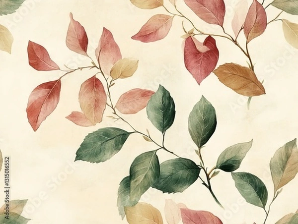 Obraz Seamless Pattern - Botanical art with delicate leaves in green, red, and brown watercolor