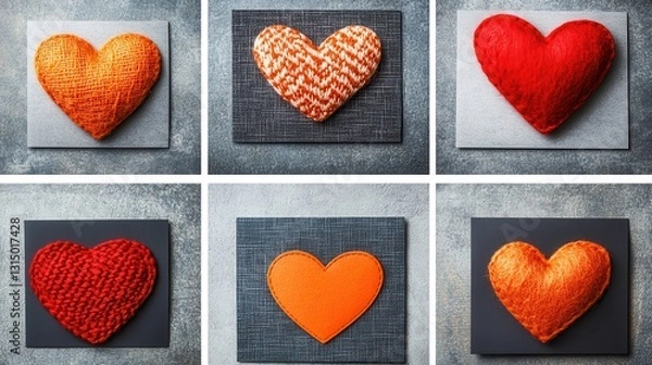 Fototapeta Six handcrafted hearts in various colors and textures, displayed on dark gray square backdrops. A Valentine's Day or love themed image.