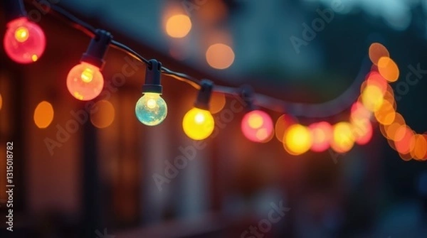 Fototapeta A string of colorful celebration lights glowing warmly outdoors in the evening, creating a festive and joyful atmosphere with a soft bokeh background.
