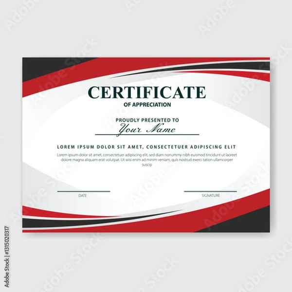 Fototapeta Red Black Certificate Design, Appreciation Award, White Background, Print Template