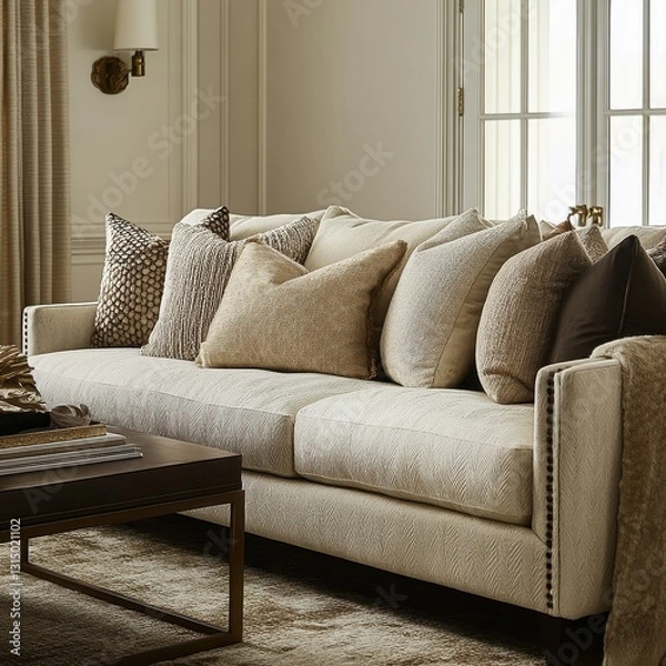 Fototapeta A creamcolored couch featuring several decorative pillows and a rug