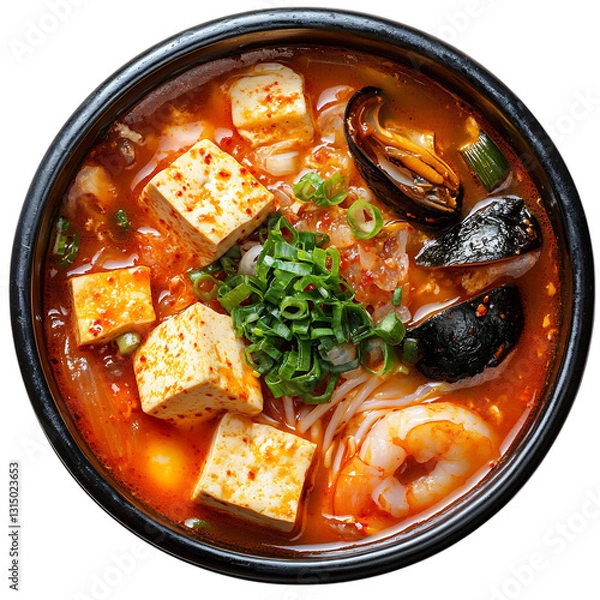 Fototapeta A Bowl of Korean Tofu Stew Spicy Broth with Tofu Isolated on Transparent Background