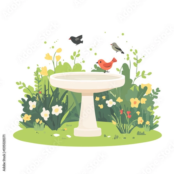 Obraz 2D flat vector illustration springtime garden with a birdbath icon isolated on a white background.

