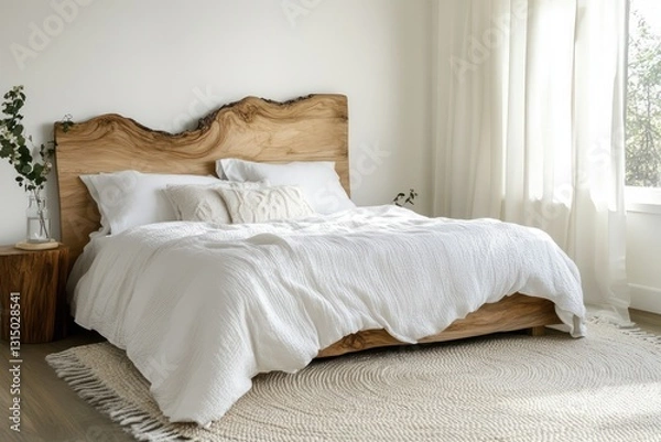 Fototapeta A clean-lined bedroom featuring a handmade wooden headboard, white bedding, and a neutral-toned rug underfoot
