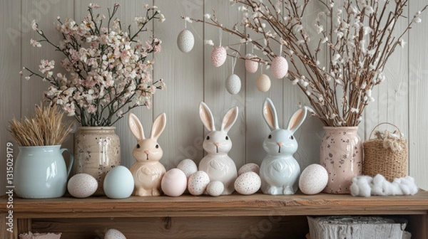 Obraz A wooden shelf displays pastel ceramic bunnies and eggs, surrounded by soft blooms and branches, celebrating a joyful Easter ambiance in a cozy, rustic setting