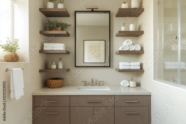 Fototapeta A compact bathroom with built-in shelving, neutral tiles, and a frameless mirror above a sleek vanity