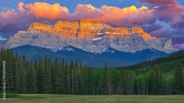 Fototapeta Sunset over mountain range, forest foreground, dramatic clouds