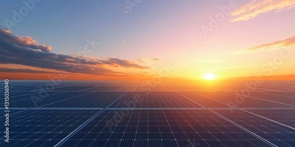 Fototapeta A stunning view of solar panels soaking in sunlight during a vibrant sunset. The colorful sky and reflective panels highlight renewable energy's potential.