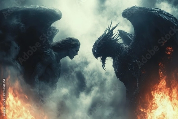 Fototapeta Angel and dragon face off in fiery confrontation. Epic fantasy battle scene.