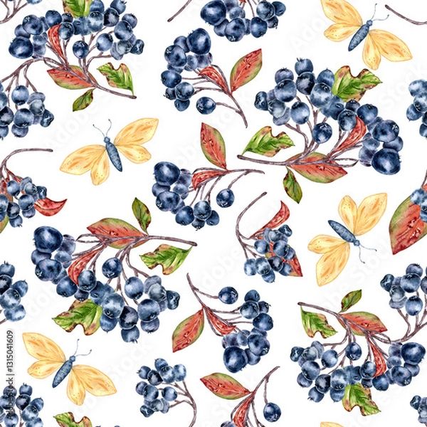 Fototapeta Black chokeberry on branches, autumn leaves and butterflies seamless watercolor pattern isolated. Botanical repeat print hand drawn for textiles, packaging, wrapping paper, and seasonal home decor