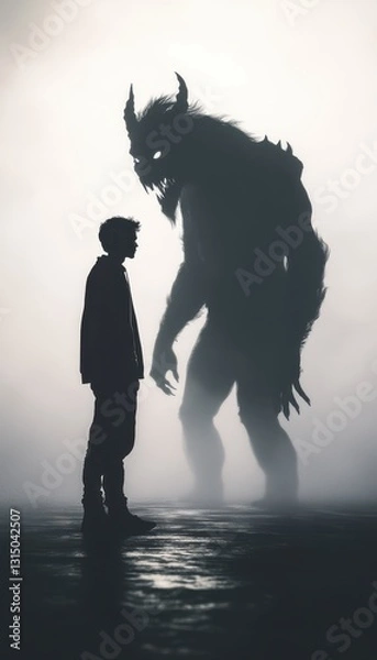 Fototapeta A lone figure confronts a shadowy, monstrous silhouette in a misty landscape.  A powerful image of fear and the unknown.