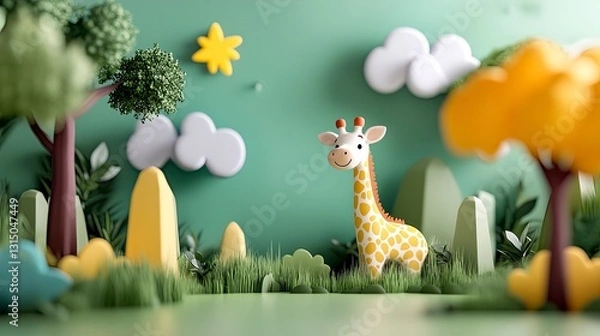 Fototapeta Cute cartoon giraffe standing in a miniature papercraft forest scene.