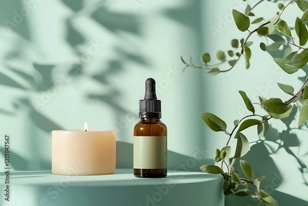 Fototapeta Serene Wellness Display: Candle, Serum, and Greenery