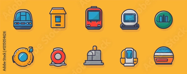 Fototapeta Flat transport icons set in linear style featuring various modes of public transit vehicles.