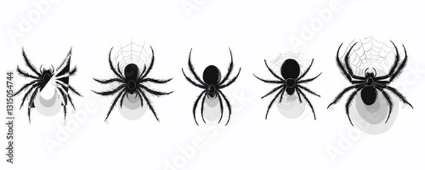 Obraz Flat linear spider icons set - five unique black arachnid designs with web details.