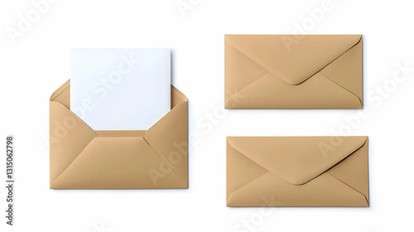Fototapeta Three Kraft Paper Envelopes One Open With Blank White Card Inside And Two Closed On White Studio Background