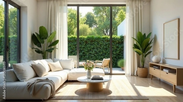 Fototapeta Modern minimalist living room design featuring a light beige sectional sofa, wooden coffee table, and lush potted plants, showcasing large windows and a private garden view