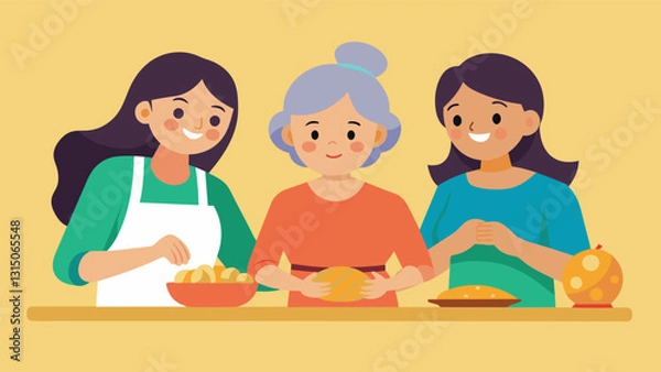 Fototapeta Three generations of women working side by side sharing stories and secrets while they create the perfect dough for their famous Central American empanadas.. Vector illustration