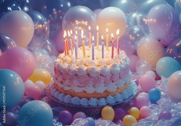 Fototapeta A colorful birthday cake adorned with candles, surrounded by pastel balloons and festive decorations, creating a joyful celebration atmosphere.