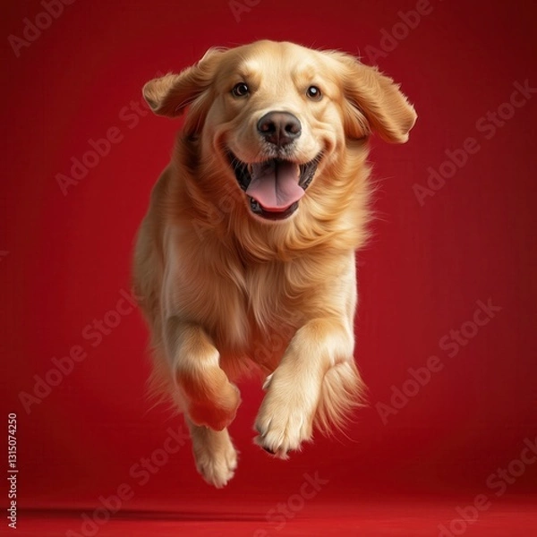 Obraz Golden Retriever mid-leap radiating joy against a vibrant red backdrop A happy and energetic moment frozen in time