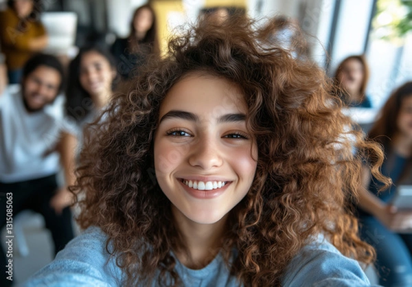 Obraz Happy Young Professionals Take a High-Angle Office Selfie