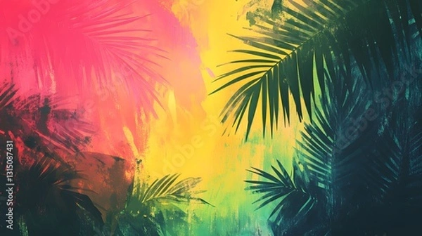 Fototapeta Tropical Paradise: A vibrant and colorful tropical paradise, captured through a stylized artistic lens, where lush green palm trees stand tall against a backdrop of glowing pink, yellow.