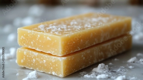 Fototapeta Stacked, sugared, yellow candy bars on marble